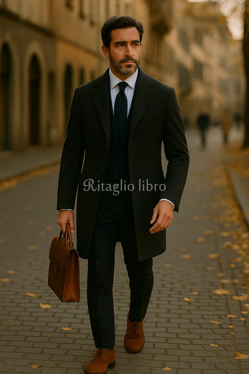 全体をブラックやチャコールでまとめたシンプルな着こなしの50代男性。秋の装いにブラウンの革が彩をプラス。