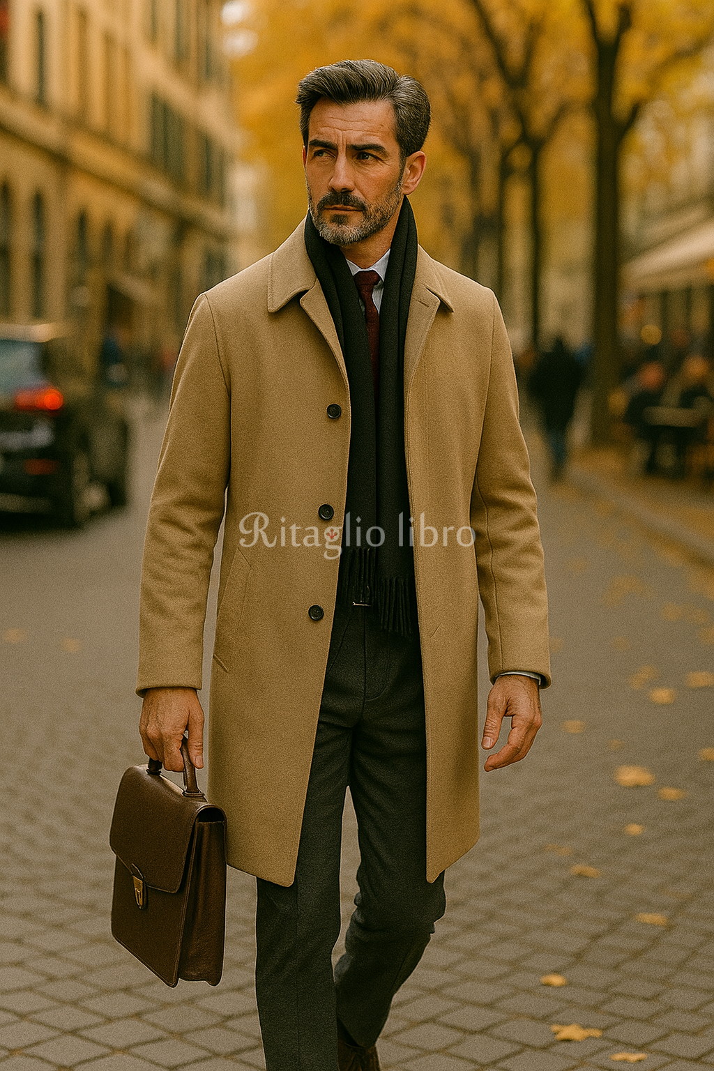 50代男性が着こなすのはキャメルのステンカラーコート。スッキリとした都会的な着こなしに最適なコートです。