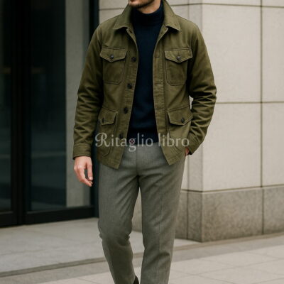 カーキフィールドジャケット×ネイビーニットでつくる都会的ミリタリースタイル|黒スエードブーツで品良く締める