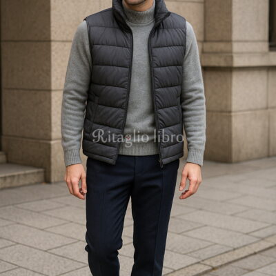 ダウンベスト×ウールトラウザーで叶える冬の軽快スタイル｜黒スエードローファーで上品に仕上げる