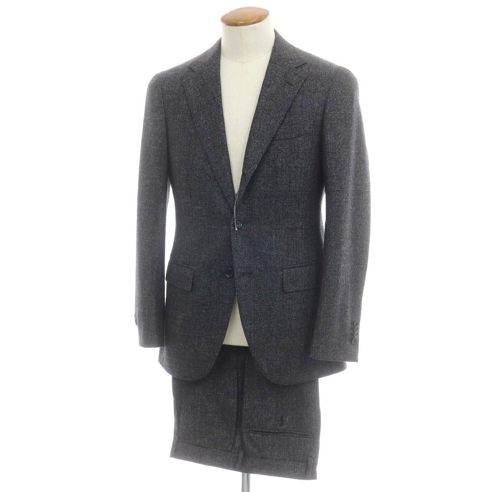 ビームスエフ BEAMS F ウール チェック 3つボタンスーツ ダークグレーxカーキ