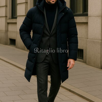 ネイビーダウン×チャコールスーツで魅せる冬のスマートビジネススタイル|タートルネックで上品に防寒