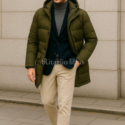 オリーブダウン×ネイビージャケットで魅せる冬の都会的レイヤード|グレー×ベージュで軽やかに仕上げて