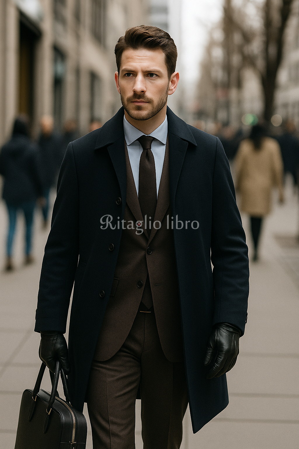 紺のステンカラー×ブラウンスーツのコーデ｜40代男性