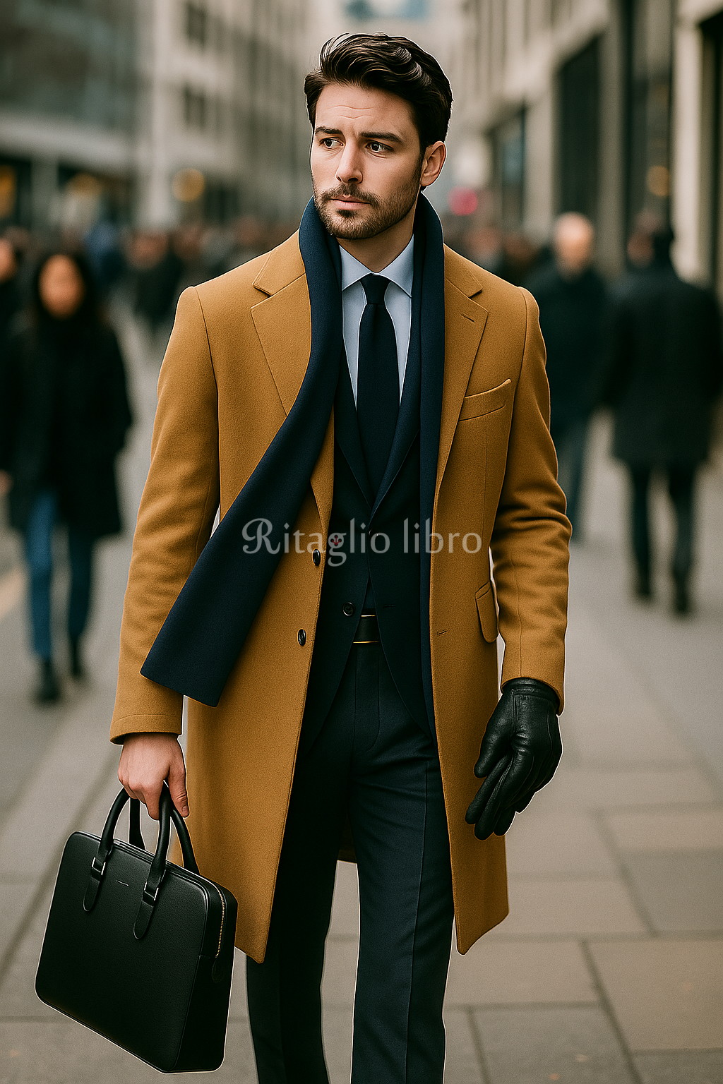 キャメルチェスターとグレースーツのコーデ｜40代男性