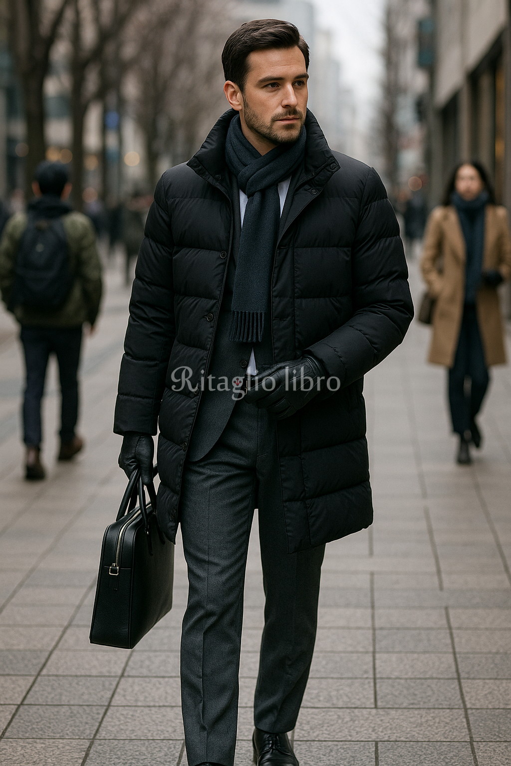 ダウンコートとグレースーツのコーデ｜40代男性