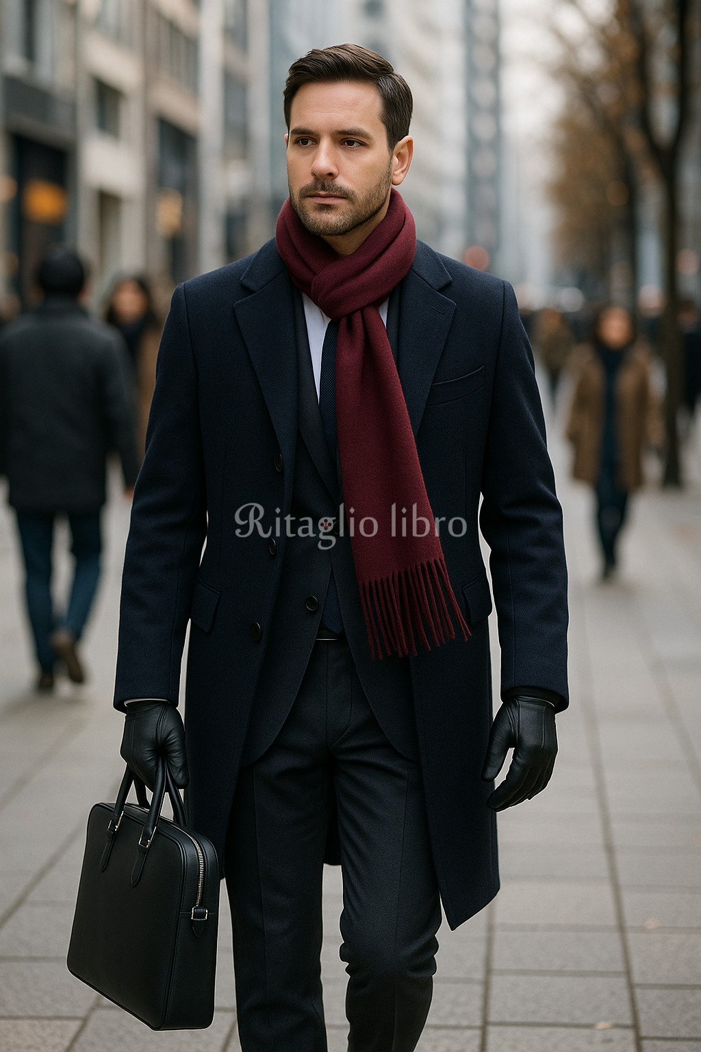 ネイビーでまとめたチェスターコートのビジネスコーデ｜40代男性