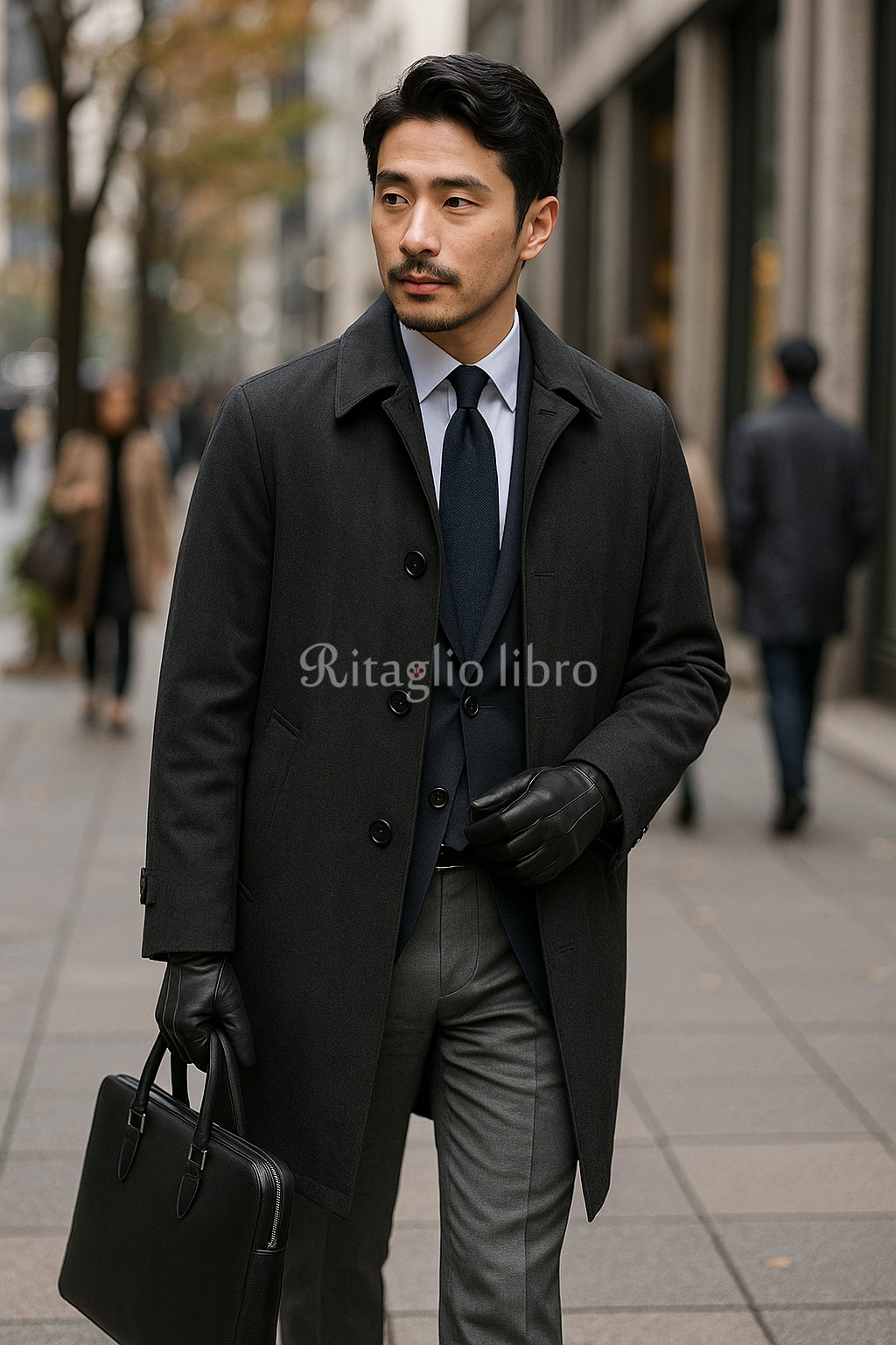 グレーのステンカラー×紺ジャケのコーデ｜40代男性