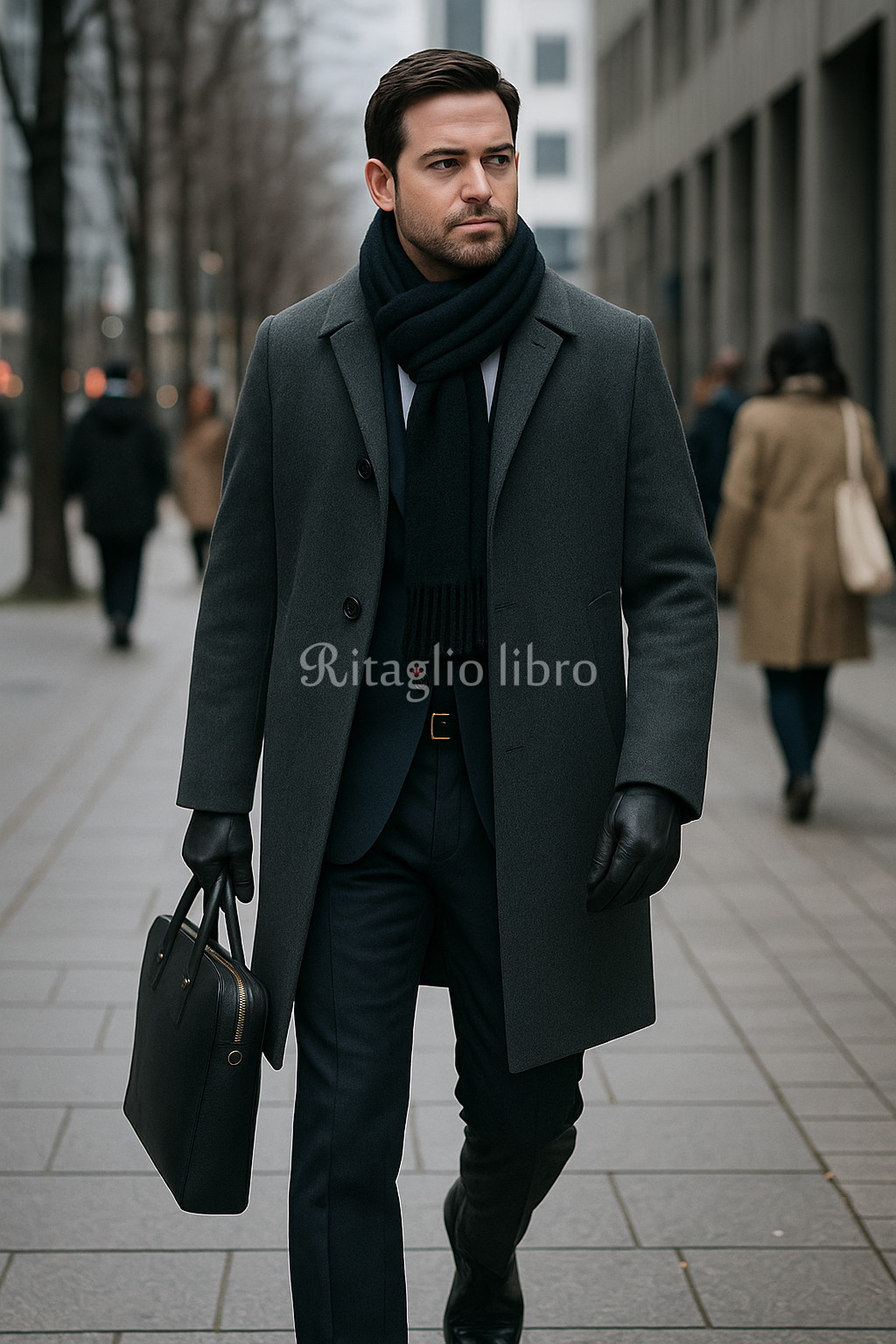 グレーのバルカラーコートとチャコールスーツのコーデ｜40代男性