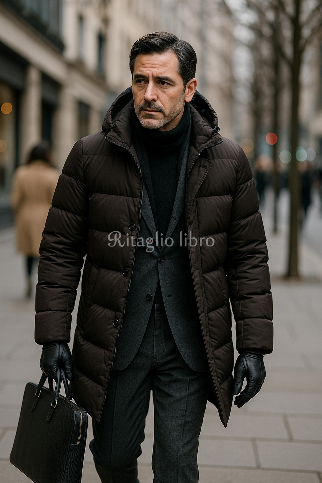 ブラウンダウンコートとグレースーツのコーデ｜50代男性