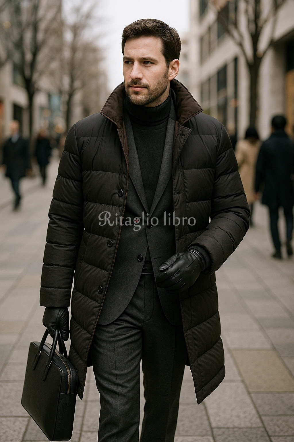 ブラックダウンコートとグレースーツのコーデ｜40代男性