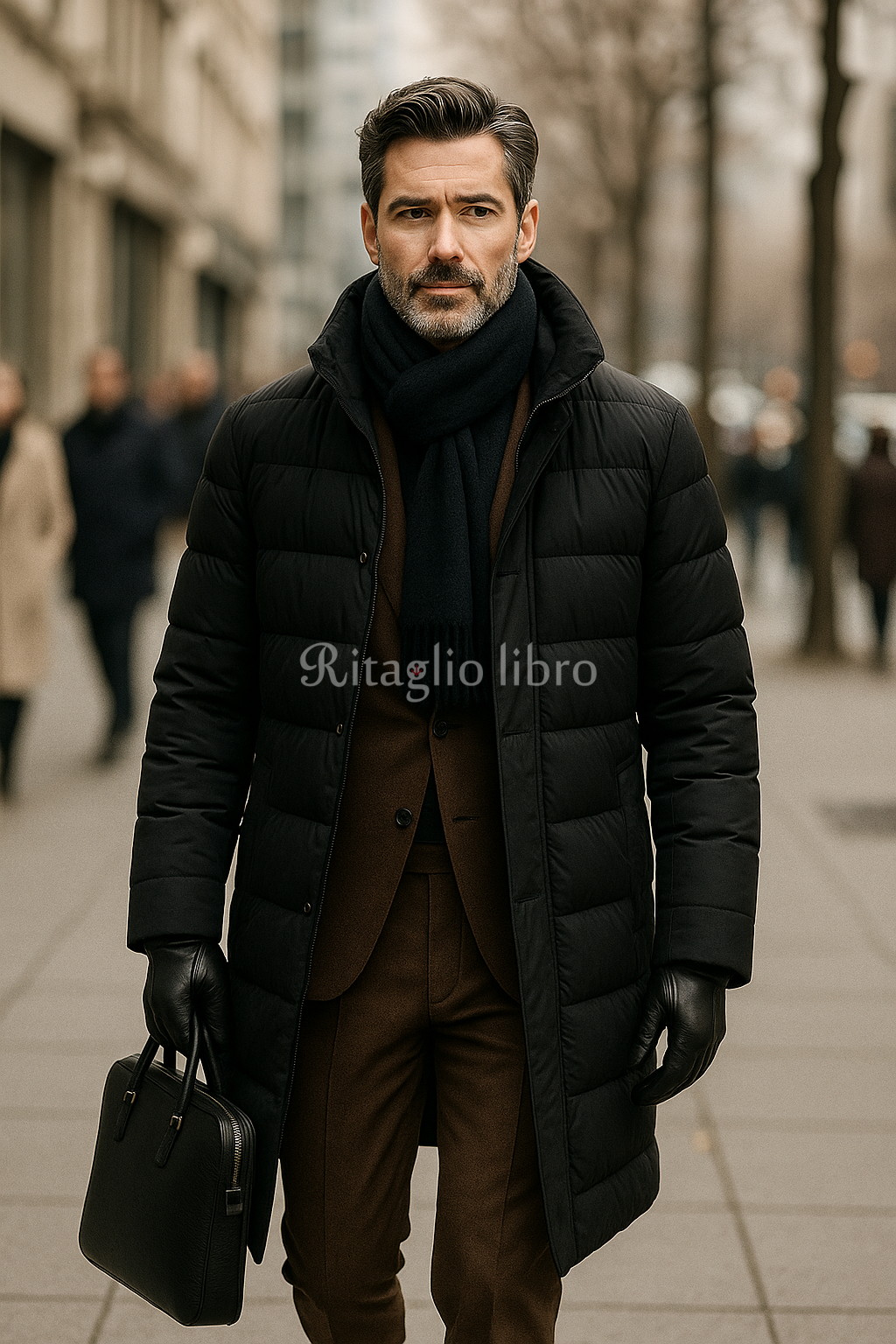 ブラックダウンコートとブラウンスーツのコーデ｜50代男性