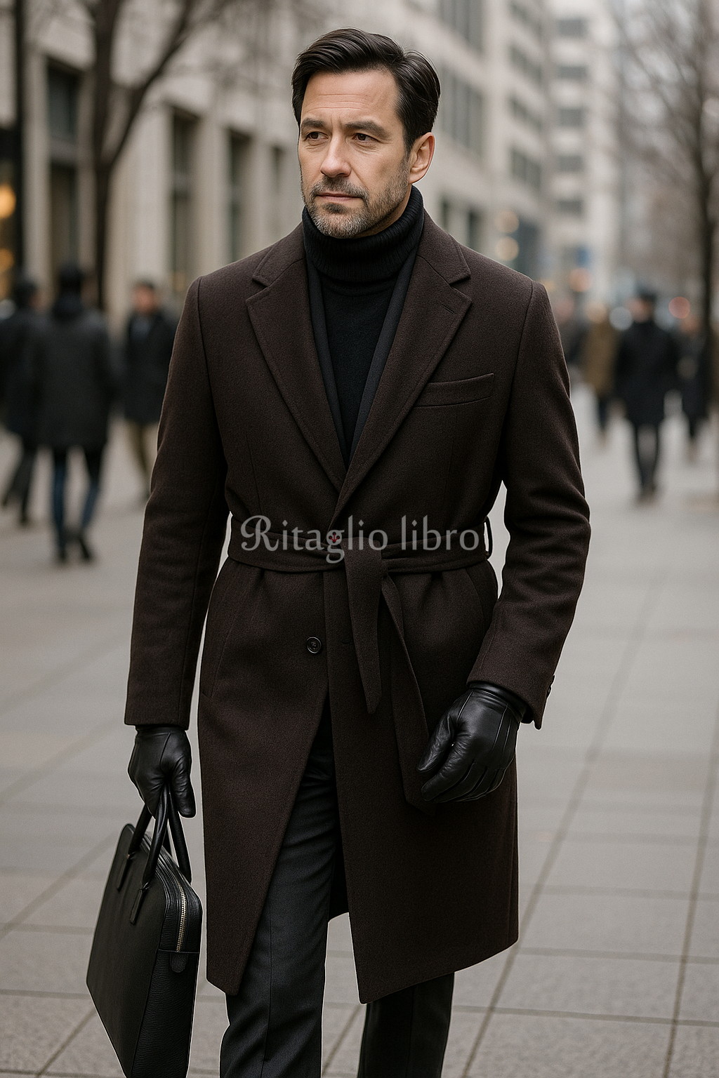 ブラウンのベルテッドコートとグレースーツのコーデ｜50代男性