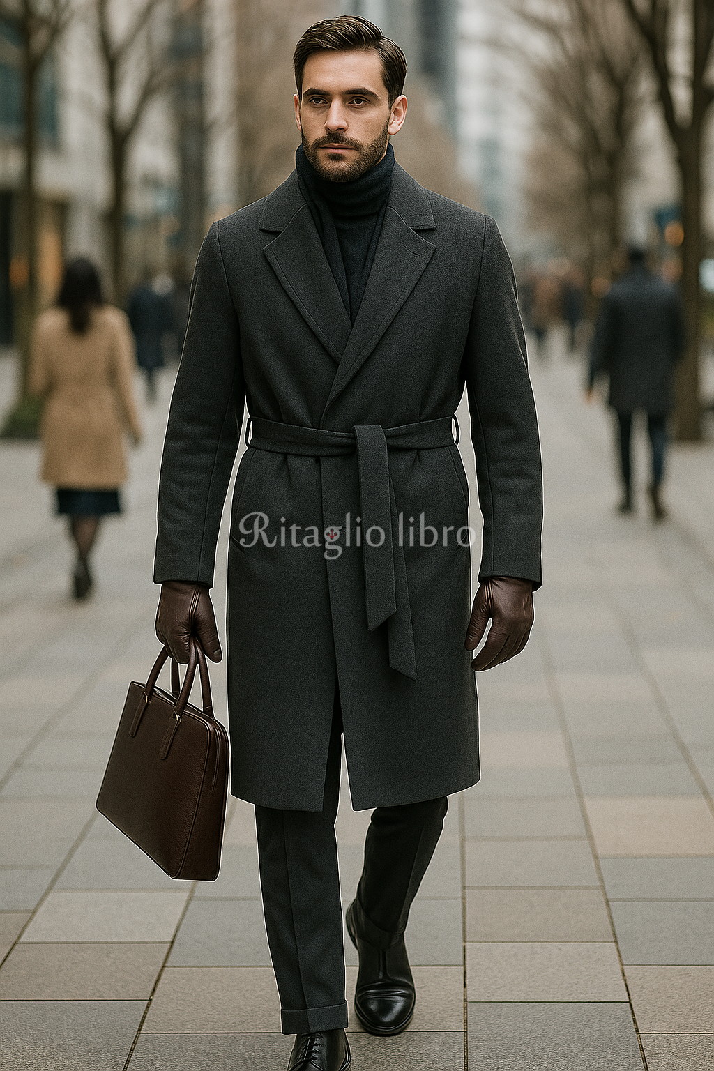 グレーのラップコートと紺ジャケのコーデ｜40代男性