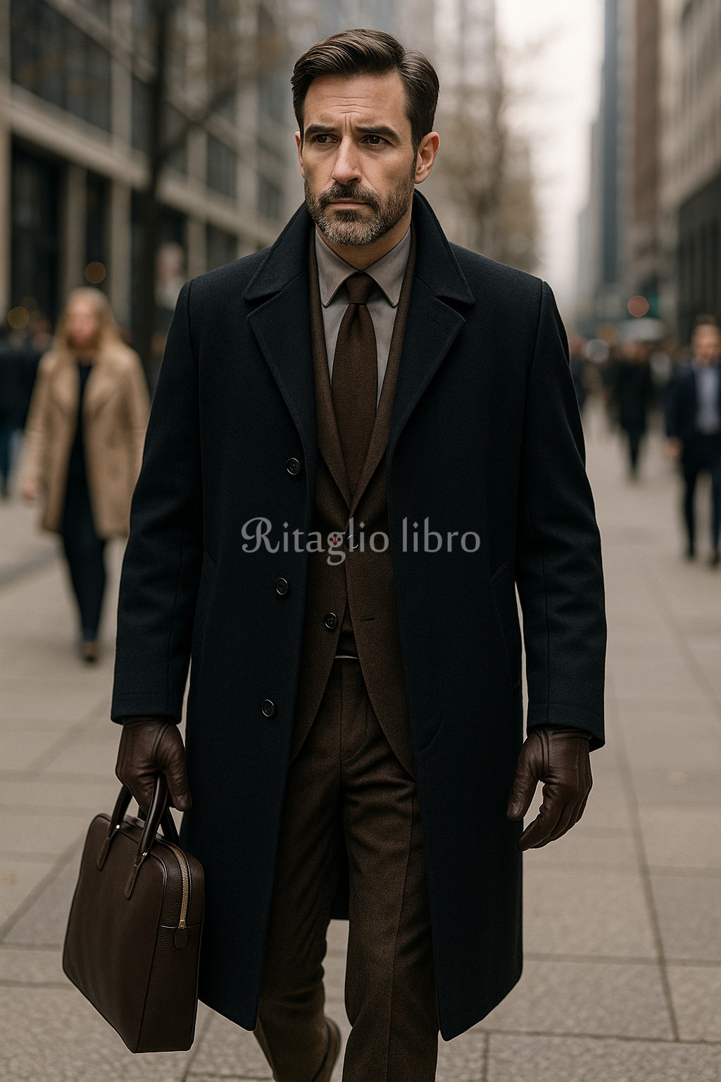 紺のバルカラーコートとブラウンスーツのコーデ｜50代男性