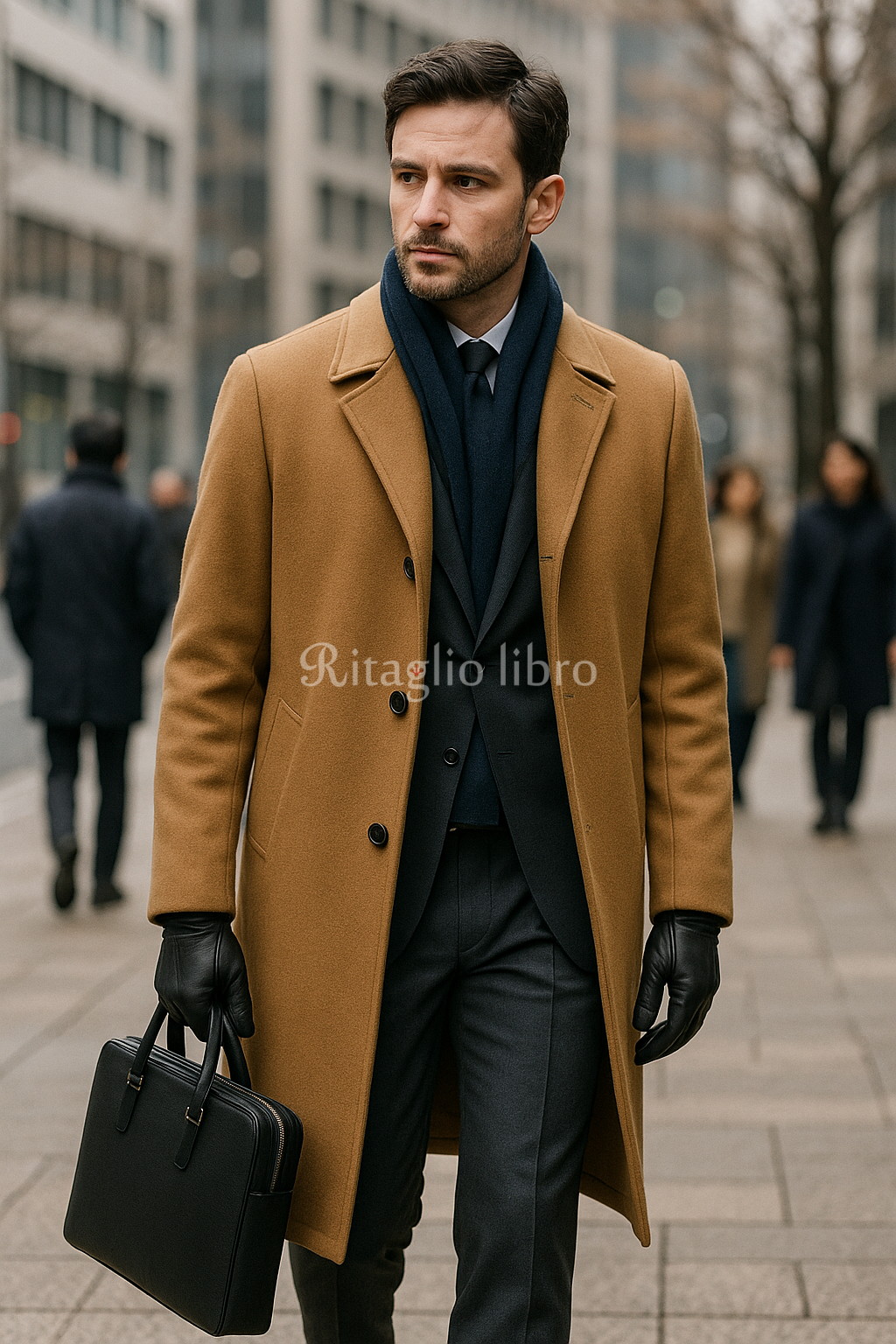 キャメルバルカラーコートとグレースーツのコーデ｜40代男性