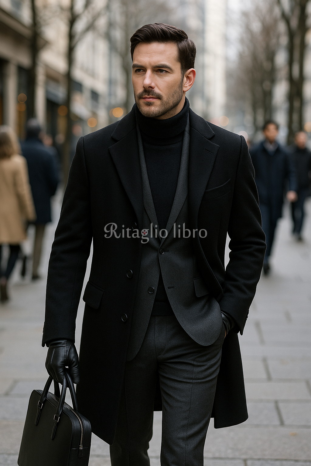 ブラックチェスターコート×グレースーツのコーデ｜50代男性