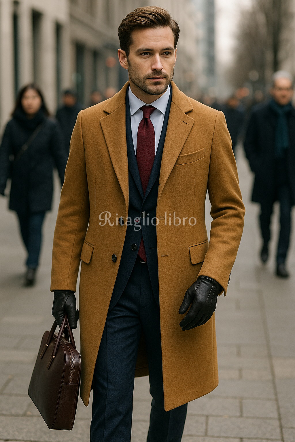 キャメルチェスター×ネイビースーツのコーデ｜40代男性