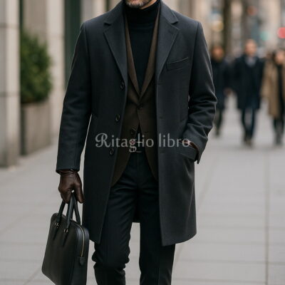 チャコールコート×ブラウンジレで魅せる冬の渋色ビジネスコーデ|タートルネックでつくる大人の重厚配色