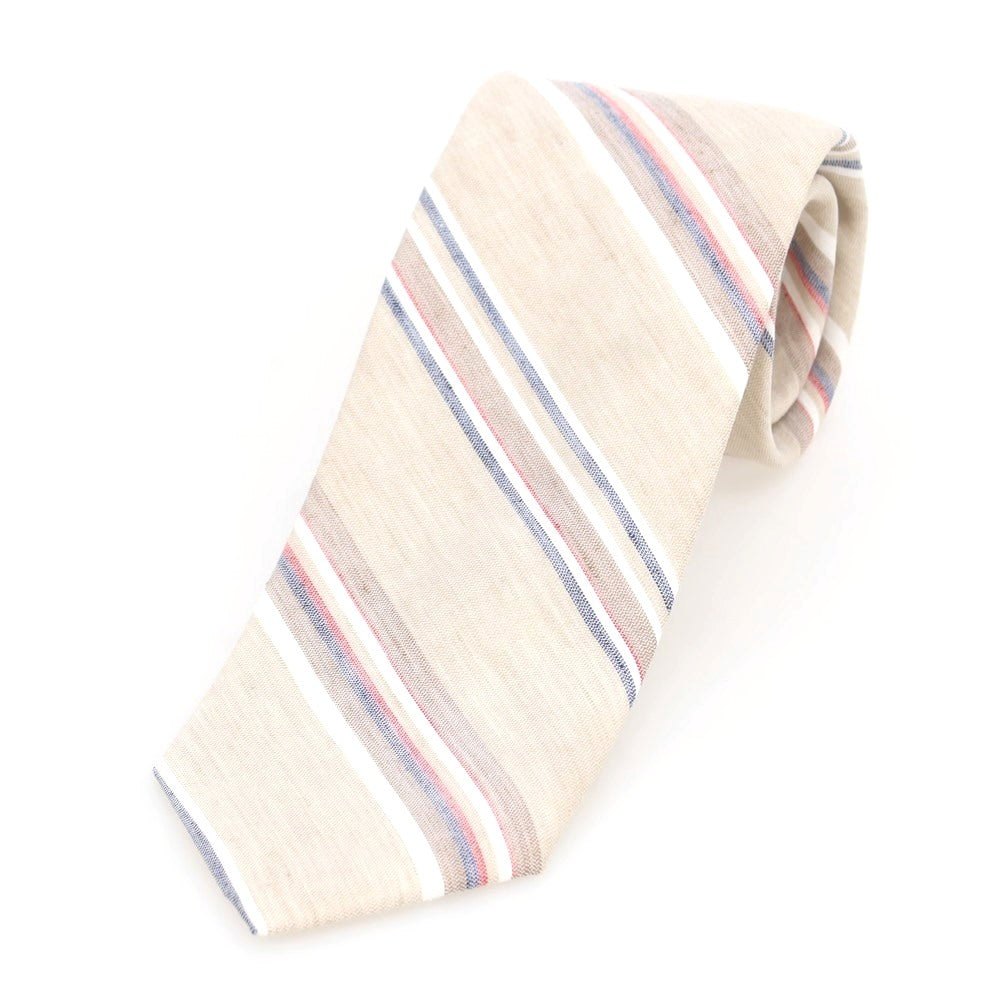 ブリューワー BREUER シルクリネン ストライプ柄ネクタイ ベージュxレッド