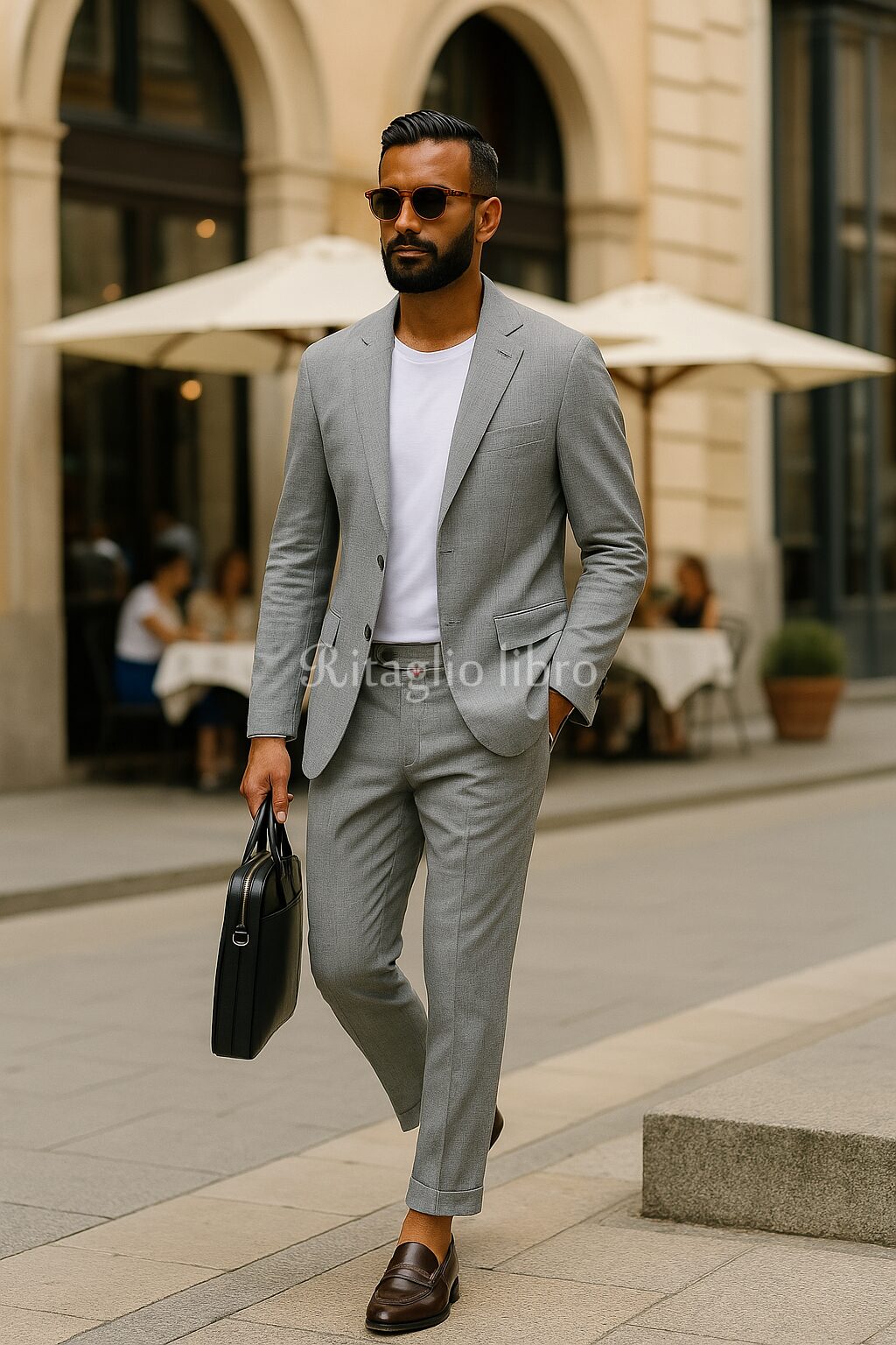 日焼けしたイタリア人男性のグレースーツとTシャツのコーデ イタリアの街中