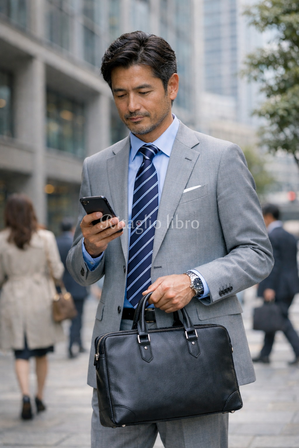 ライトグレースーツ × サックスシャツ 撮影地:都内オフィス街
素材:トロピカルウール 軽く、移動の多い日でも快適。
写真映えも非常に良いコーデ。