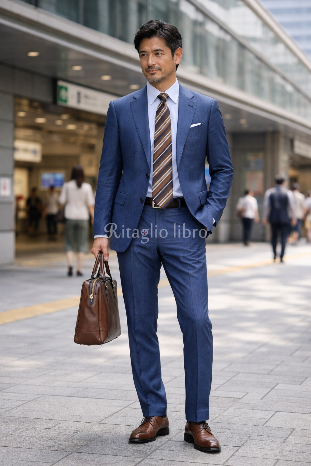 ライトグレースーツ × サックスシャツ×ブラウンネクタイ 撮影地:都内オフィス街
素材:トロピカルウール