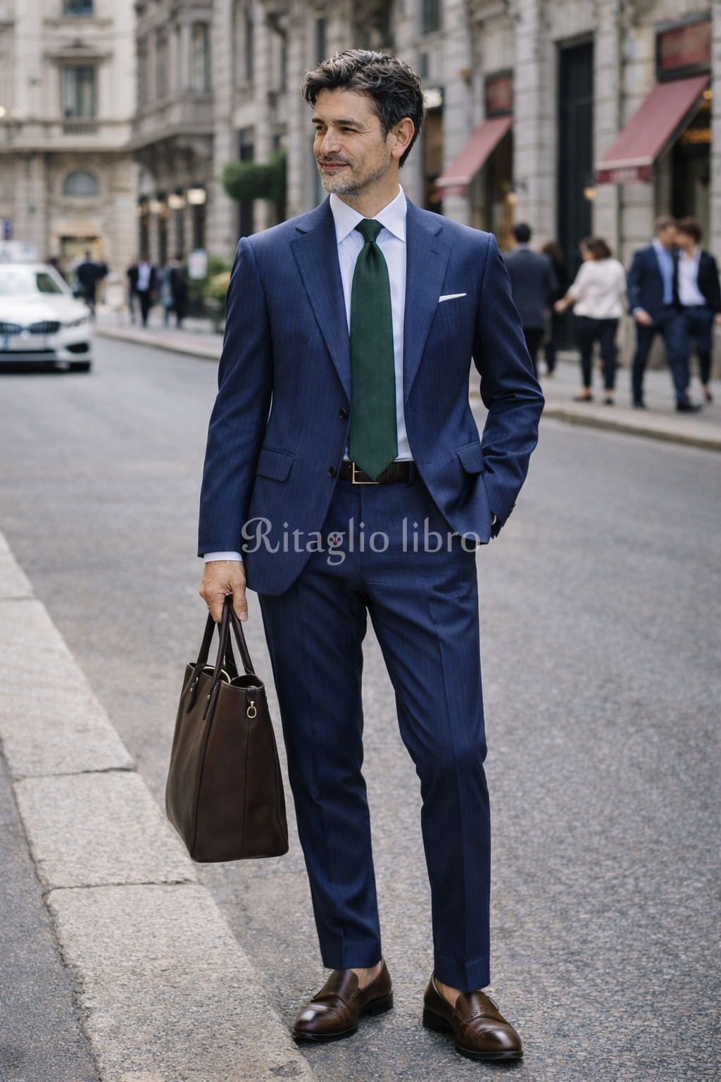 ストライプネイビー × グリーンタイ コンセプト “攻めのVゾーン” コーデ詳細 ネイビーピンストライプ 白シャツ 深緑タイ ブラウンオックスフォード 撮影地:ミラノ風ビジネス街