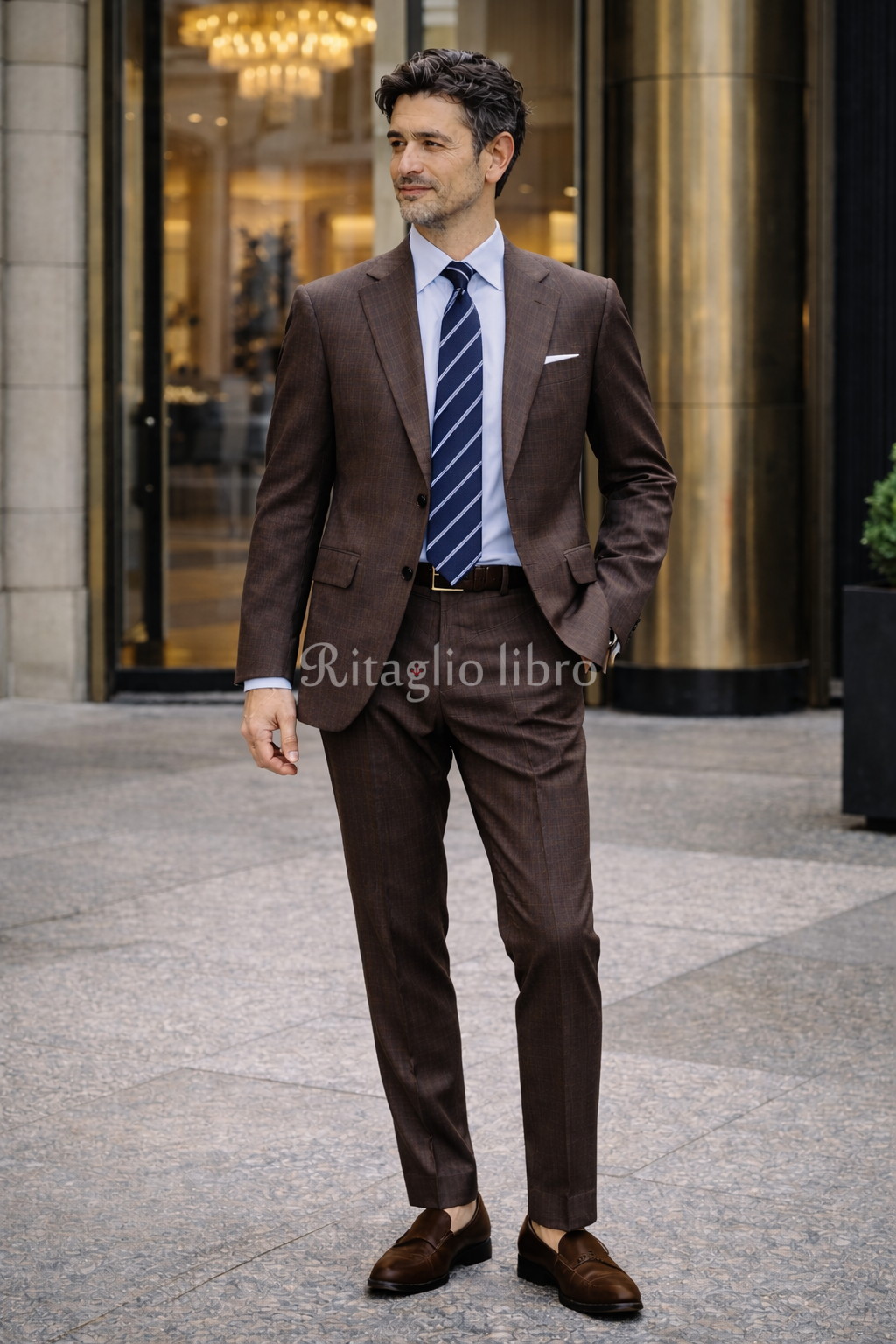 ブラウンスーツ ウィンドペーンチェック アイスブルーのシャツ ネイビーのレジメンタルタイ